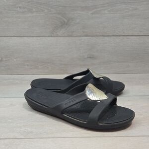 CROCS Women's Sanrah Black Sandals with Metallic Detail Wedge Shoes Sz 9